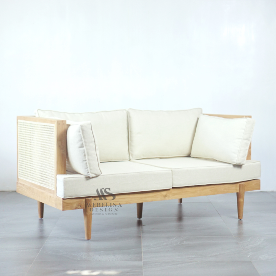 Bangku Sofa Santai Minimalis Kayu Jati Anyaman Rotan