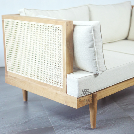 Bangku Sofa Santai Minimalis Kayu Jati Anyaman Rotan