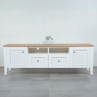 Meja TV Minimalis Kayu Jati Finishing Putih Kombinasi Natural