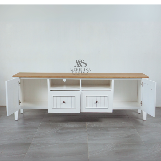 Meja TV Minimalis Kayu Jati Finishing Putih Kombinasi Natural