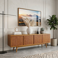 Bufet TV Minimalis Retro Kayu Jati Solid 4 Pintu Salur