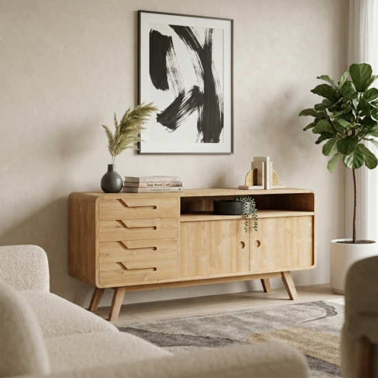 Bufet TV Ruang Tamu Kayu Jati Minimalis Scandinavian 4 Laci Bufet TV Ruang Tamu Kayu Jati Minimalis Scandinavian 4 Laci