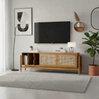 Bufet Tv Minimalis Retro Kayu Jati Kombinasi Pintu Anyaman Rotan