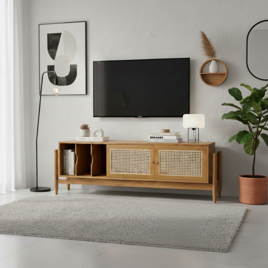 Bufet Tv Minimalis Retro Kayu Jati Kombinasi Pintu Anyaman Rotan