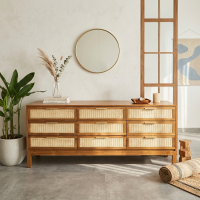 Buffet Minimalis Kayu Jati Kombinasi Rotan 9 Laci