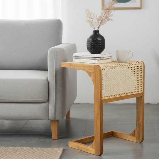 Cane Sidetable Meja Samping Minimalis Kayu Jati Rotan