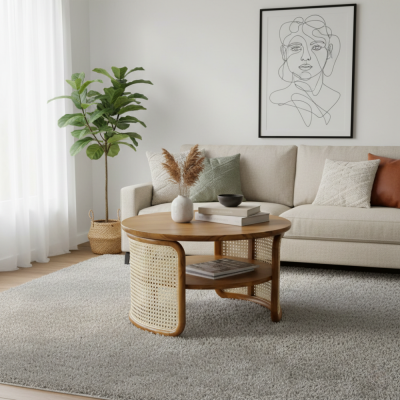 Coffee Table Meja Tamu Kayu Jati Kombinasi Anyaman