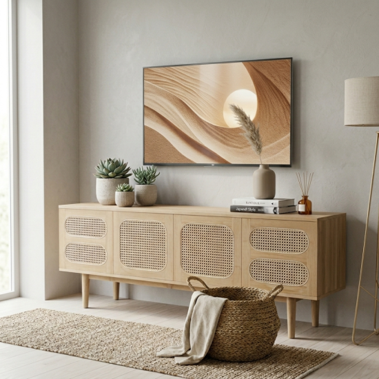 Credenza Bufet TV Ruang Tamu Kayu Jati Kombinasi Rotan