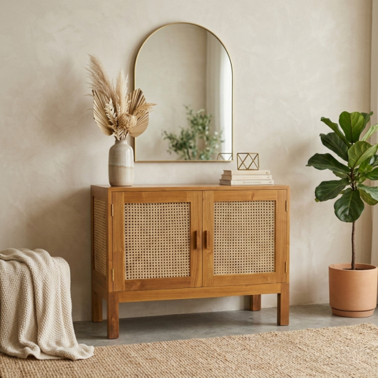 Credenza Buffet Cabinet Minimalis Kayu Jati Mix Rotan