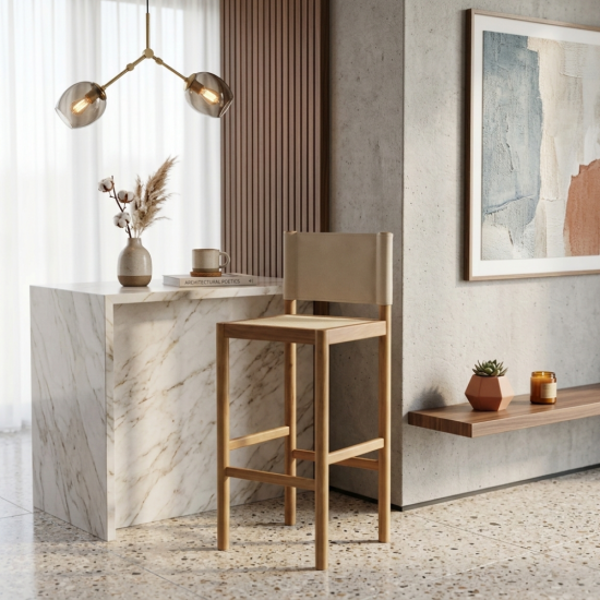 Dinda Barstool Kursi Bar Minimalis Sandaran Kulit Dudukan Rotan