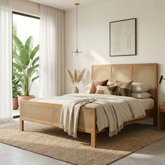 Dipan Rangka Tempat Tidur Minimalis Kayu Jati Mix Rotan