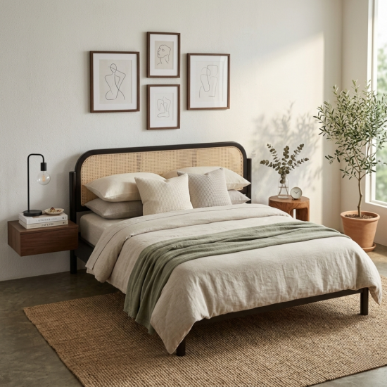 Dipan Tempat Tidur Minimalis Jati Kombinasi Rotan