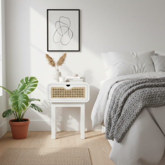 Jinan Bedside Meja Nakas Tempat Tidur Duko Putih Kombinasi Rotan