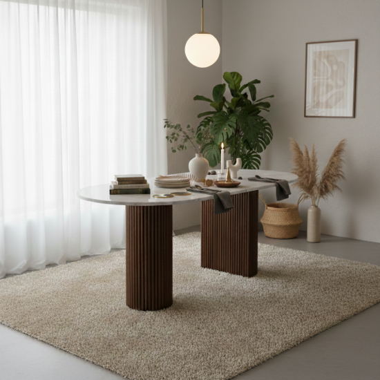 Khamar Dining Table Meja Makan Top Marmer Kayu Jati