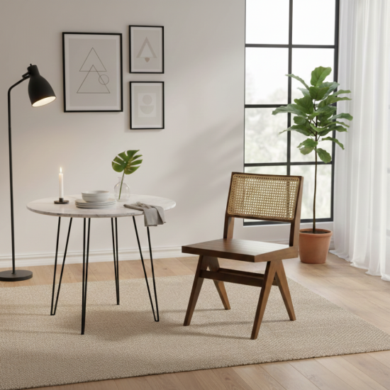 Kursi Makan Minimalis Kayu Jati Sandaran Rotan