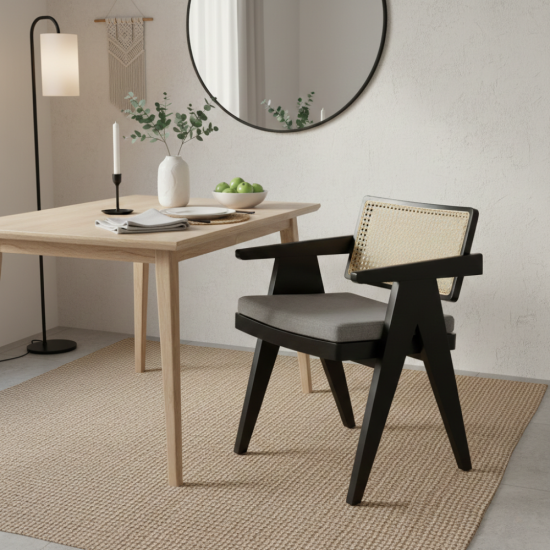 Kursi Makan Scandinavian Minimalis Sandaran Rotan + Bantalan