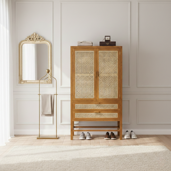 Lemari Baju Minimalis 2 Pintu Anyaman Rotan Kayu Jati Solid