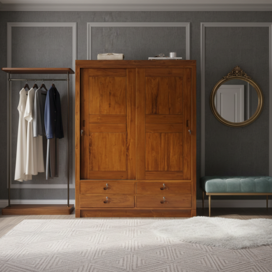 Lemari Pakaian 2 Pintu 4 Laci Kayu Jati Minimalis