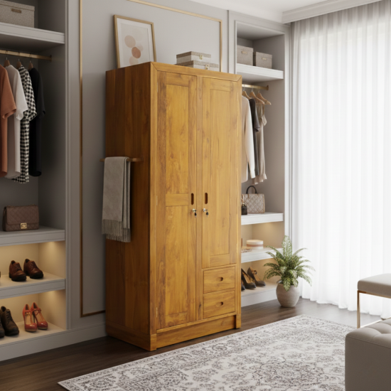 Lemari Pakaian 2 Pintu Minimalis Kayu Jati 2 Laci