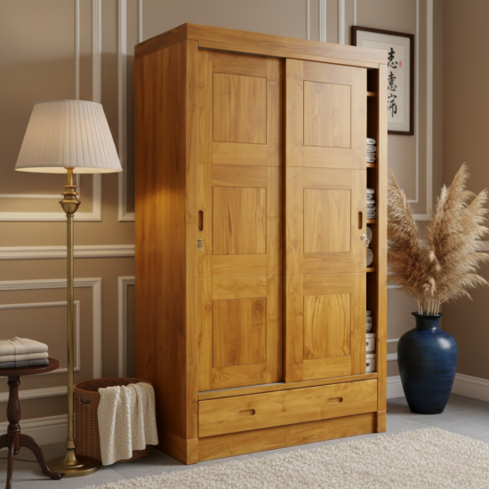 Lemari Pakaian 2 Pintu Sliding Minimalis Kayu Jati Solid