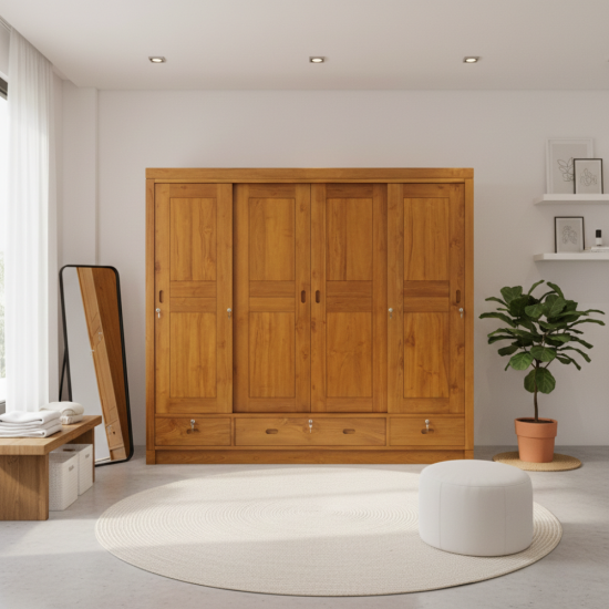 Lemari Pakaian 4 Pintu Kayu Jati Solid Minimalis
