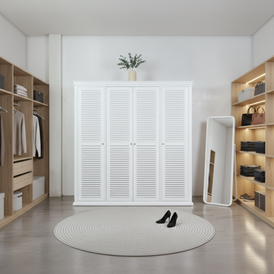 Lemari Pakaian Baju Minimalis 4 Pintu Jari-Jari Putih Kayu Solid Lemari Pakaian Baju Minimalis 4 Pintu Jari-Jari Putih Kayu Solid