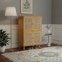 Lemari Rak Sepatu Sandal Kayu Jati Kombinasi Anyaman Rotan 4 Pintu