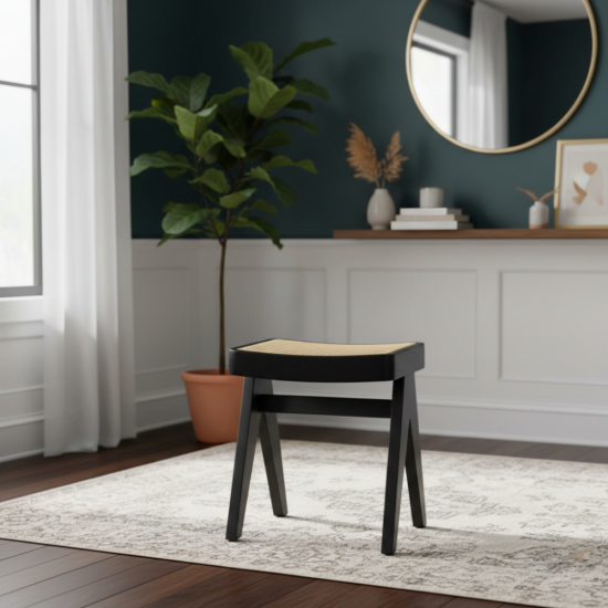 Majda Stool Bangku Stool Minimalis Kayu Jati Anyaman Rotan