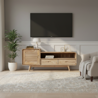 Meja Bufet TV Kayu Jati, Meja TV Minimalis Scandinavian 1 Pintu 2 Laci