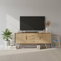 Meja Bufet TV Minimalis Kayu Jati Retro 2 Pintu 3 Laci