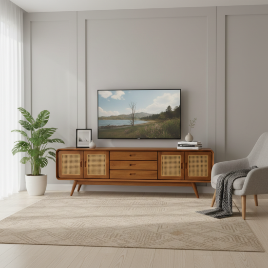 Meja Bufet TV Retro Minimalis Kayu Jati Kombinasi Pintu Anyaman Rotan