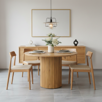 Meja Makan Bulat Minimalis Kayu Jati Solid Kaki Salur Strip