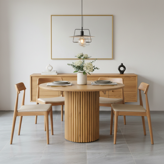 Meja Makan Bulat Minimalis Kayu Jati Solid Kaki Salur Strip