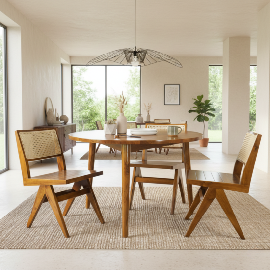 Meja Makan Bundar Retro 3 Kursi Minimalis Kombinasi Anyaman