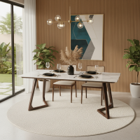 Meja Makan Marmer Kayu Jati Scandinavian Kaki V