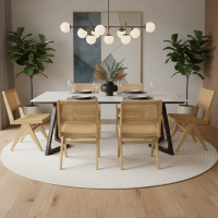 Meja Makan Marmer Set 6 Kursi Minimalis Kombinasi Rotan