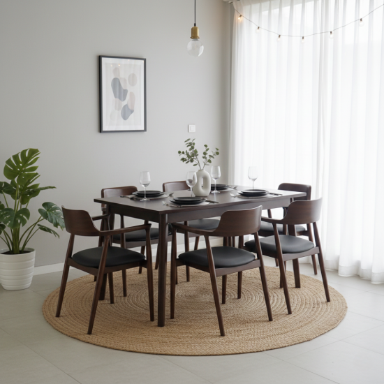Meja Makan Set 6 Kursi Retro Scandinavian Kayu Jati