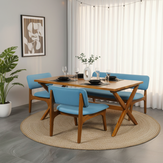 Meja Makan Set Kursi Bangku Kayu Jati Japandi Style