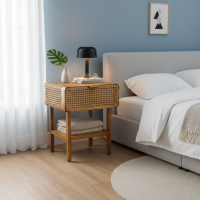 Meja Nakas Bedside Minimalis Kombinasi Anyaman Rotan