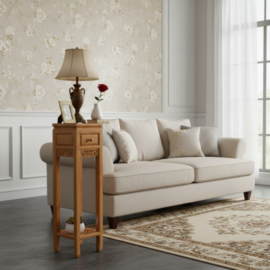 Meja Nakas Ruang Tamu Tinggi 2 Laci Kayu Jati Ukiran