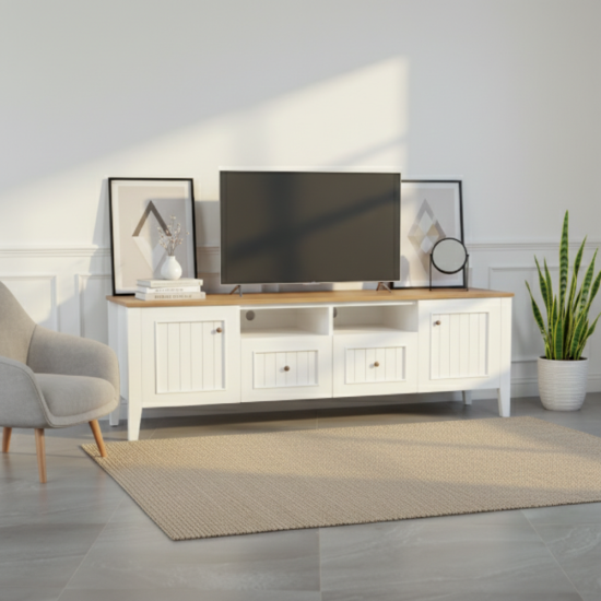 Meja TV Minimalis Kayu Jati Finishing Putih Kombinasi Natural Meja TV Minimalis Kayu Jati Finishing Putih Kombinasi Natural