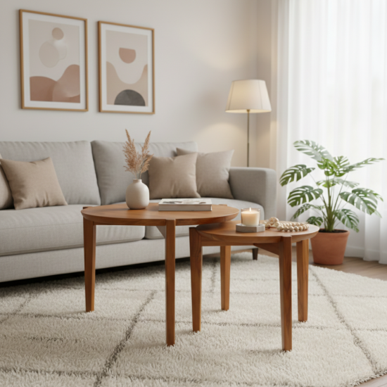 Meja Tamu Bulat Susun Nesting Table Kayu Jati