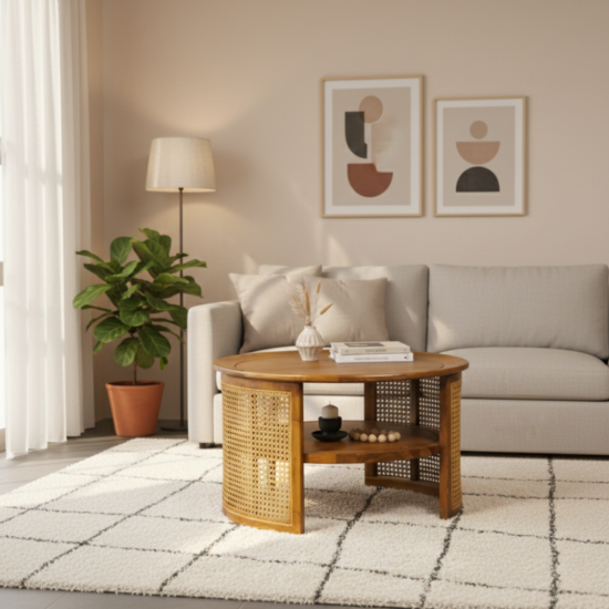 Meja Tamu Bundar Minimalis Estetik Kayu Jati Kombinasi Anyaman