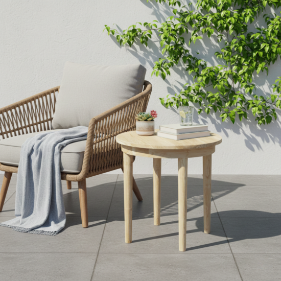 Meja Teras Bundar Minimalis Kayu Jati Natural Bleaching