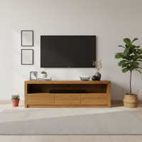 Meja Tv Minimalis Panjang Kayu Jati Solid 3 Laci 1 Rak