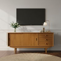 Mid-Century Bufet Retro Kayu Jati Meja TV 2 Pintu 3 Laci