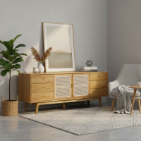 Mid-Century Modern Bufet Meja TV Jati Kombinasi Rotan