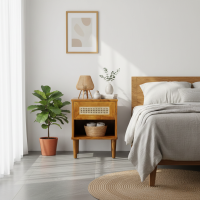 Nakas Bedside Retro 1 Laci Anyaman Rotan Kayu Jati