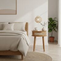 Nakas Bedside Retro Bulat Kayu Jati Mix Rotan