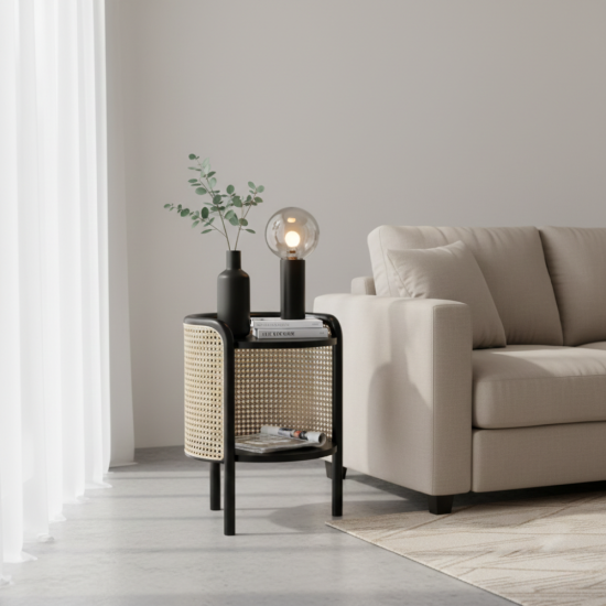 Nakas Side Table Meja Samping Kayu Jati Mix Anyaman Rotan